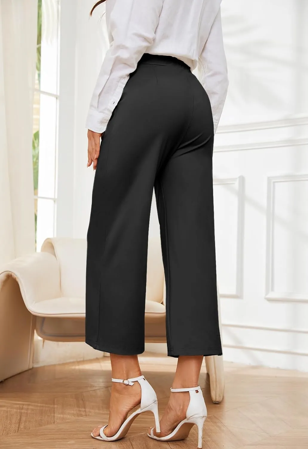 Women's Wide Leg Capri Pants Work Cropped Pants Casual Summer Capris High Waisted Crop Palazzo