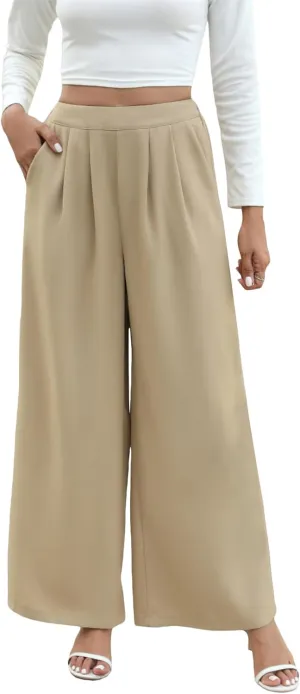 Women's Wide Leg Pants High Waisted Elastic Pleated Casual Palazzo Pants with Pockets