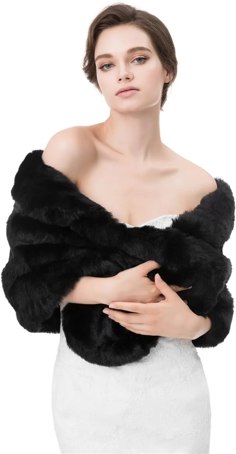 Women's Winter Warm Navy Faux Fur Shawl Coat Jacket Parka Outerwear Tops
