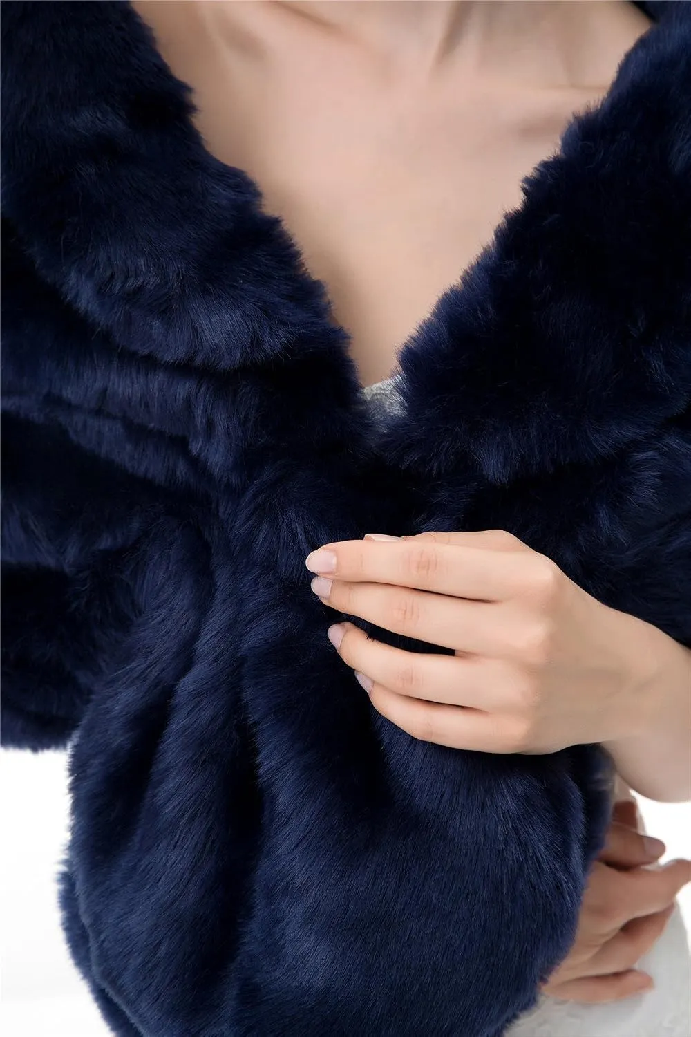 Women's Winter Warm Navy Faux Fur Shawl Coat Jacket Parka Outerwear Tops