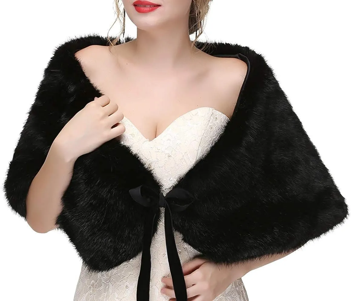 Women's Winter Warm Navy Faux Fur Shawl Coat Jacket Parka Outerwear Tops