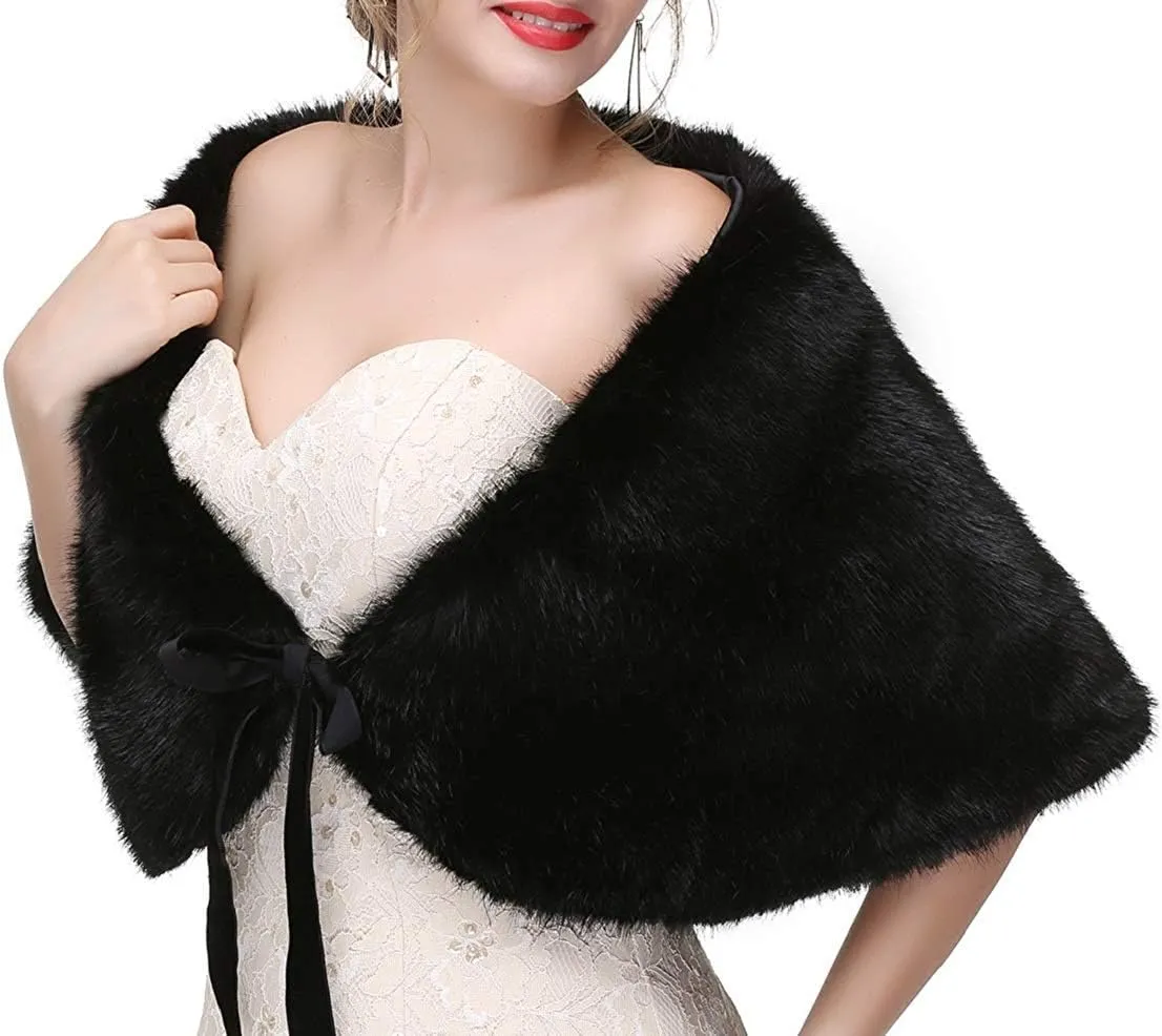Women's Winter Warm Navy Faux Fur Shawl Coat Jacket Parka Outerwear Tops