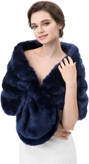 Women's Winter Warm Navy Faux Fur Shawl Coat Jacket Parka Outerwear Tops