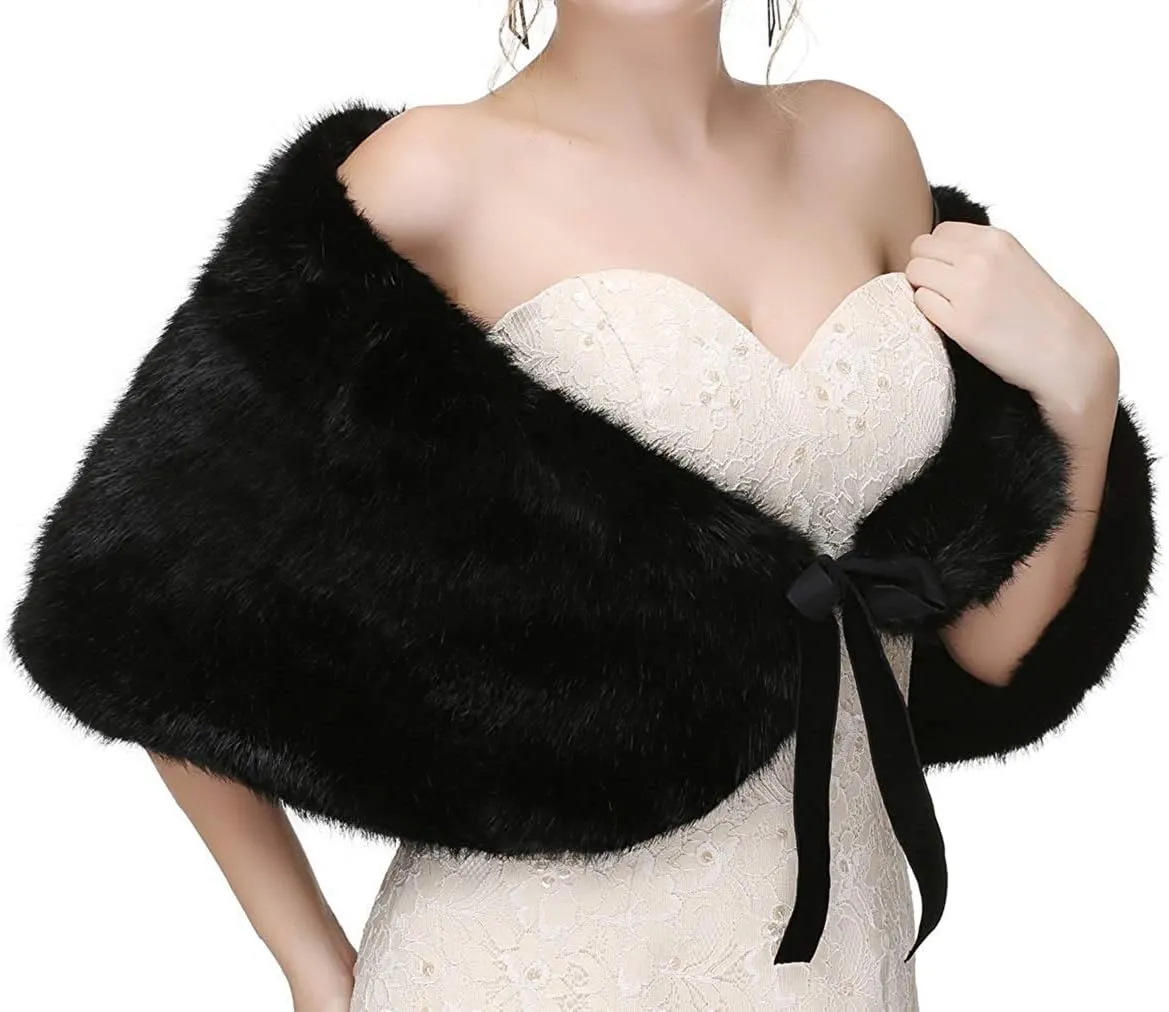 Women's Winter Warm Navy Faux Fur Shawl Coat Jacket Parka Outerwear Tops