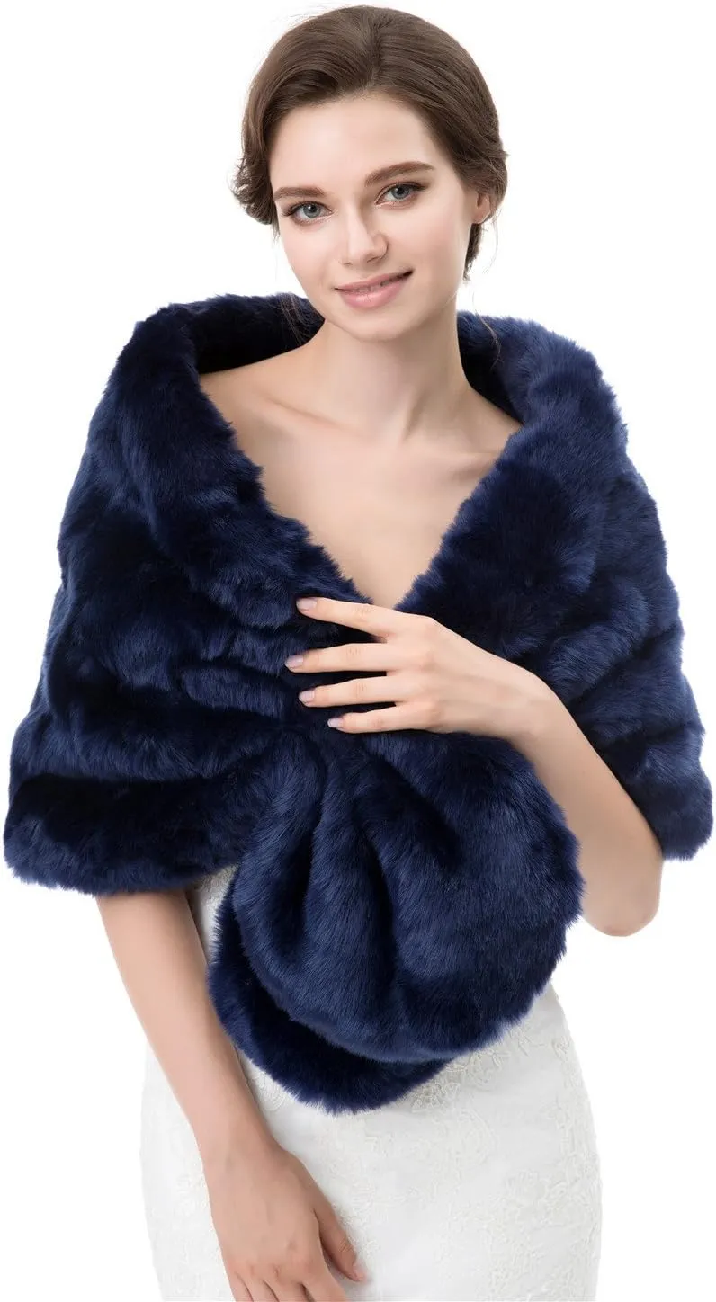 Women's Winter Warm Navy Faux Fur Shawl Coat Jacket Parka Outerwear Tops