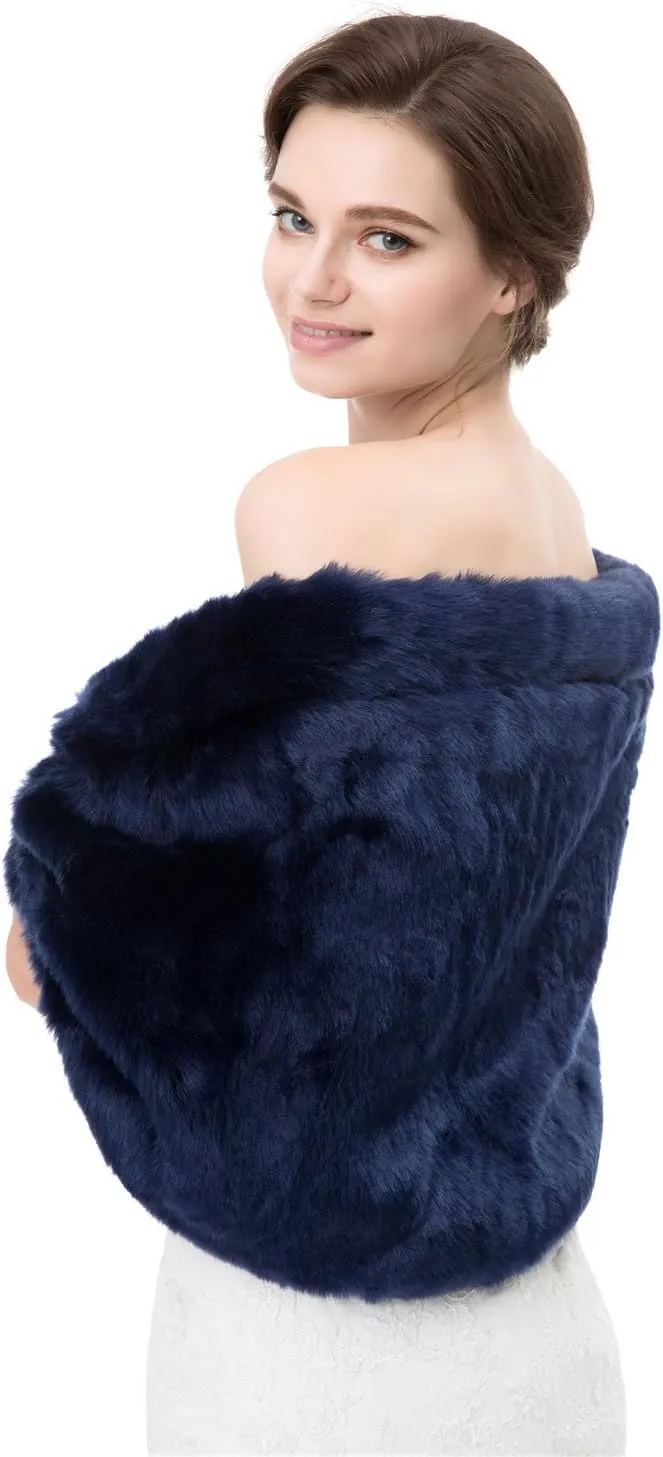 Women's Winter Warm Navy Faux Fur Shawl Coat Jacket Parka Outerwear Tops