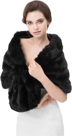 Women's Winter Warm Navy Faux Fur Shawl Coat Jacket Parka Outerwear Tops