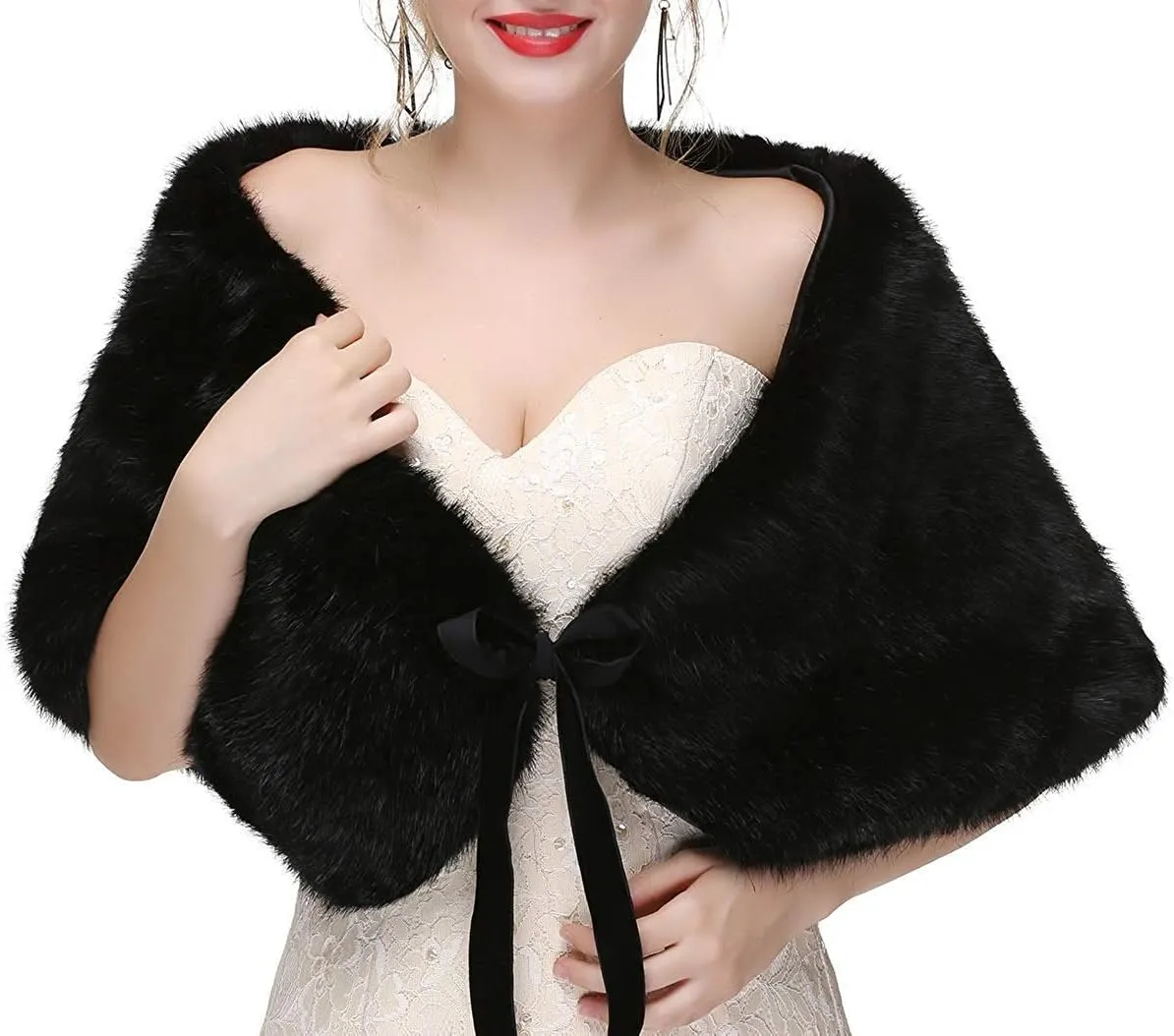 Women's Winter Warm Navy Faux Fur Shawl Coat Jacket Parka Outerwear Tops