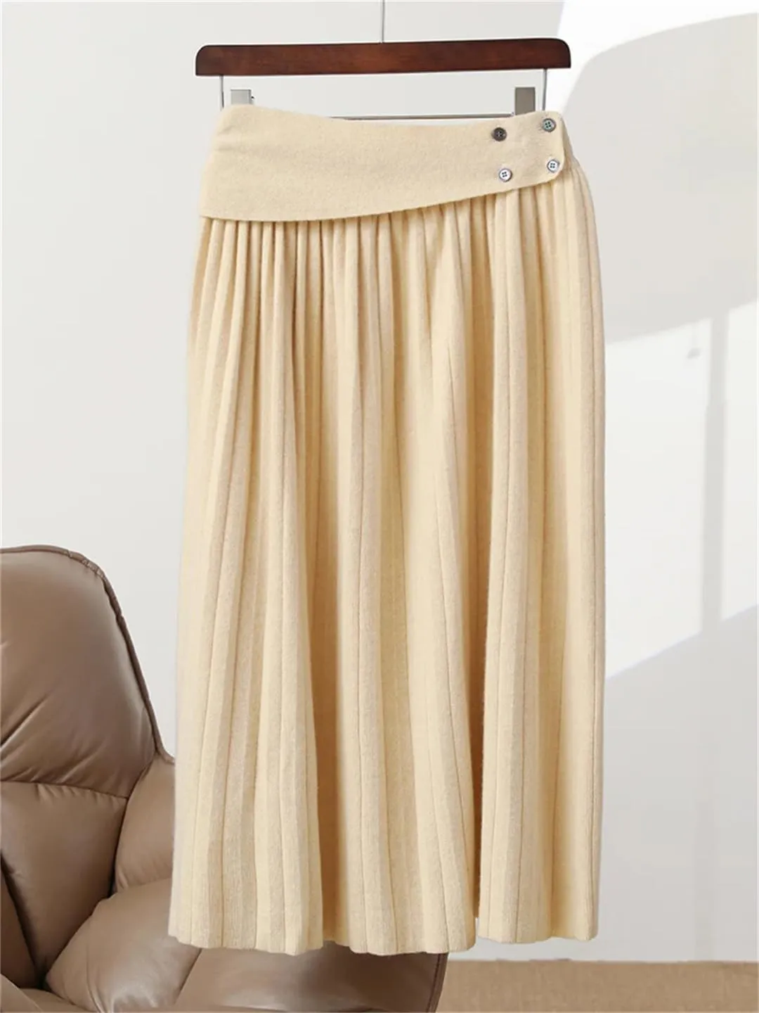 Women's Wool Knitted Skirt Office Pleated Stretch High Waist Solid Color Casual Midi Skirts