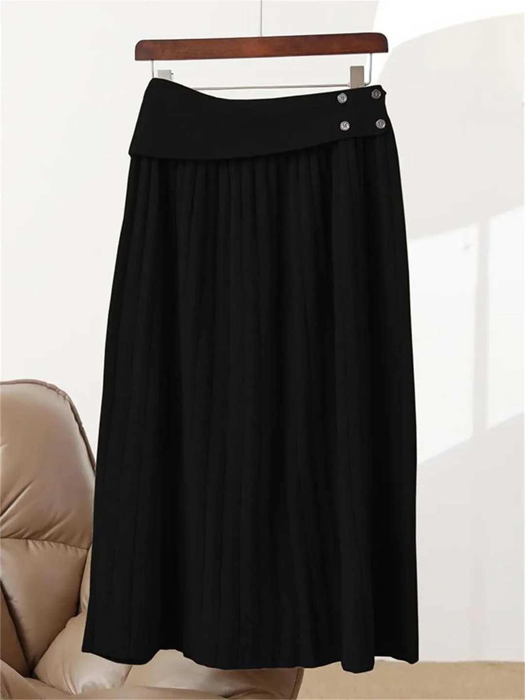 Women's Wool Knitted Skirt Office Pleated Stretch High Waist Solid Color Casual Midi Skirts