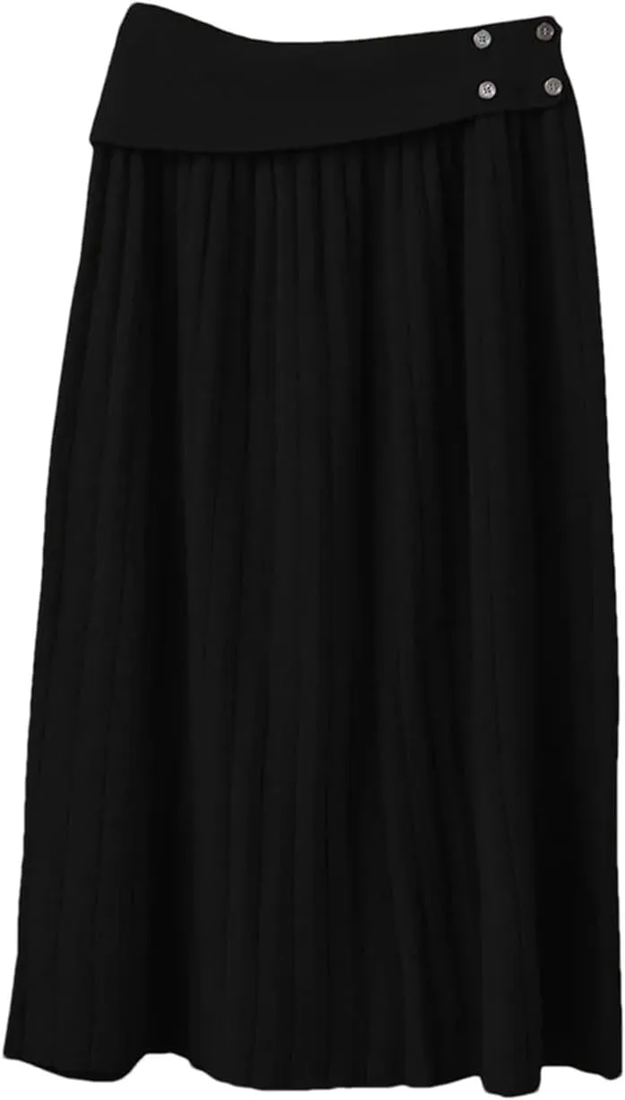 Women's Wool Knitted Skirt Office Pleated Stretch High Waist Solid Color Casual Midi Skirts