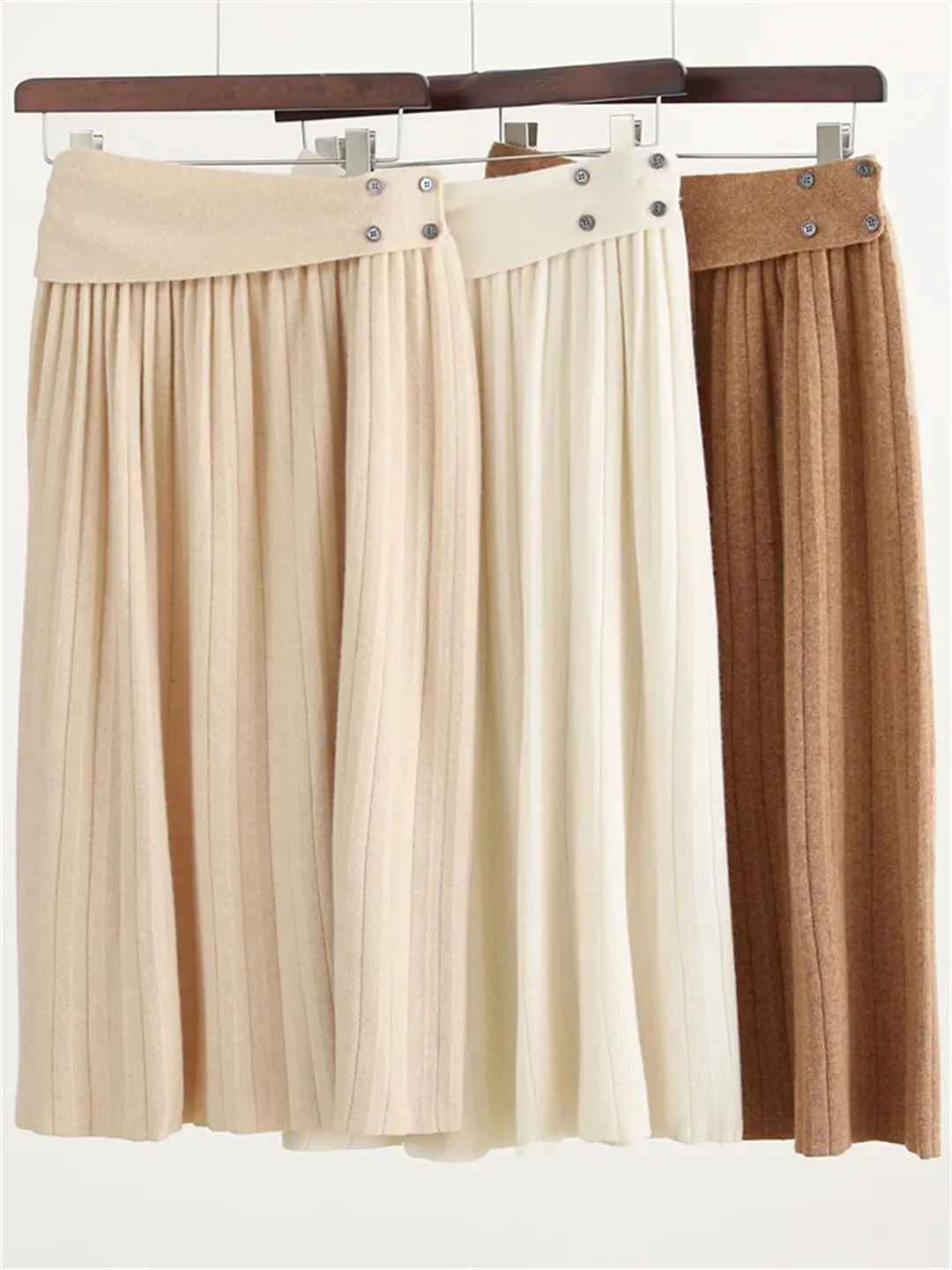 Women's Wool Knitted Skirt Office Pleated Stretch High Waist Solid Color Casual Midi Skirts