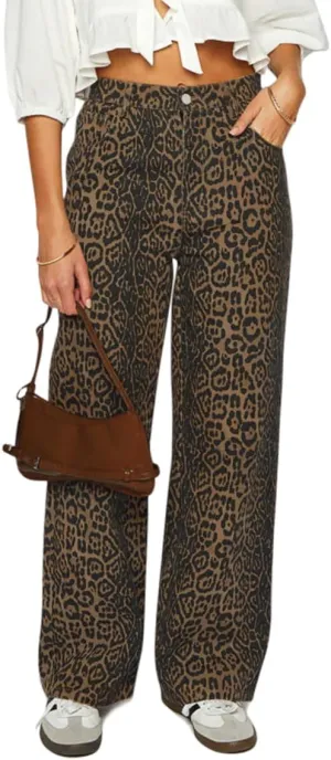 Women's Y2K Oversized Baggy Leopard Print Wide Straight Leg Jeans Stretchy High Waisted Cheetah Cargo Denim Pants