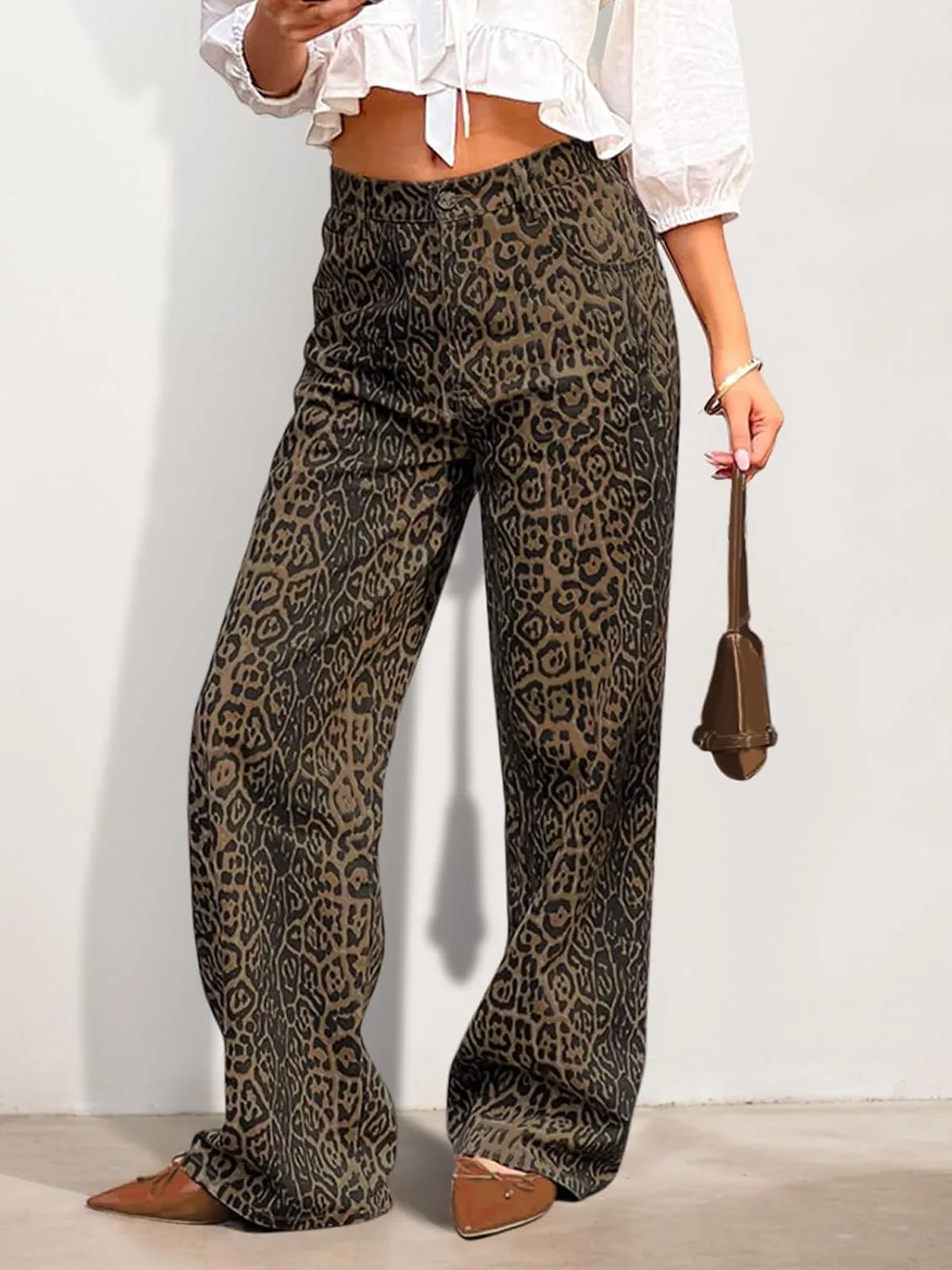 Women's Y2K Oversized Baggy Leopard Print Wide Straight Leg Jeans Stretchy High Waisted Cheetah Cargo Denim Pants