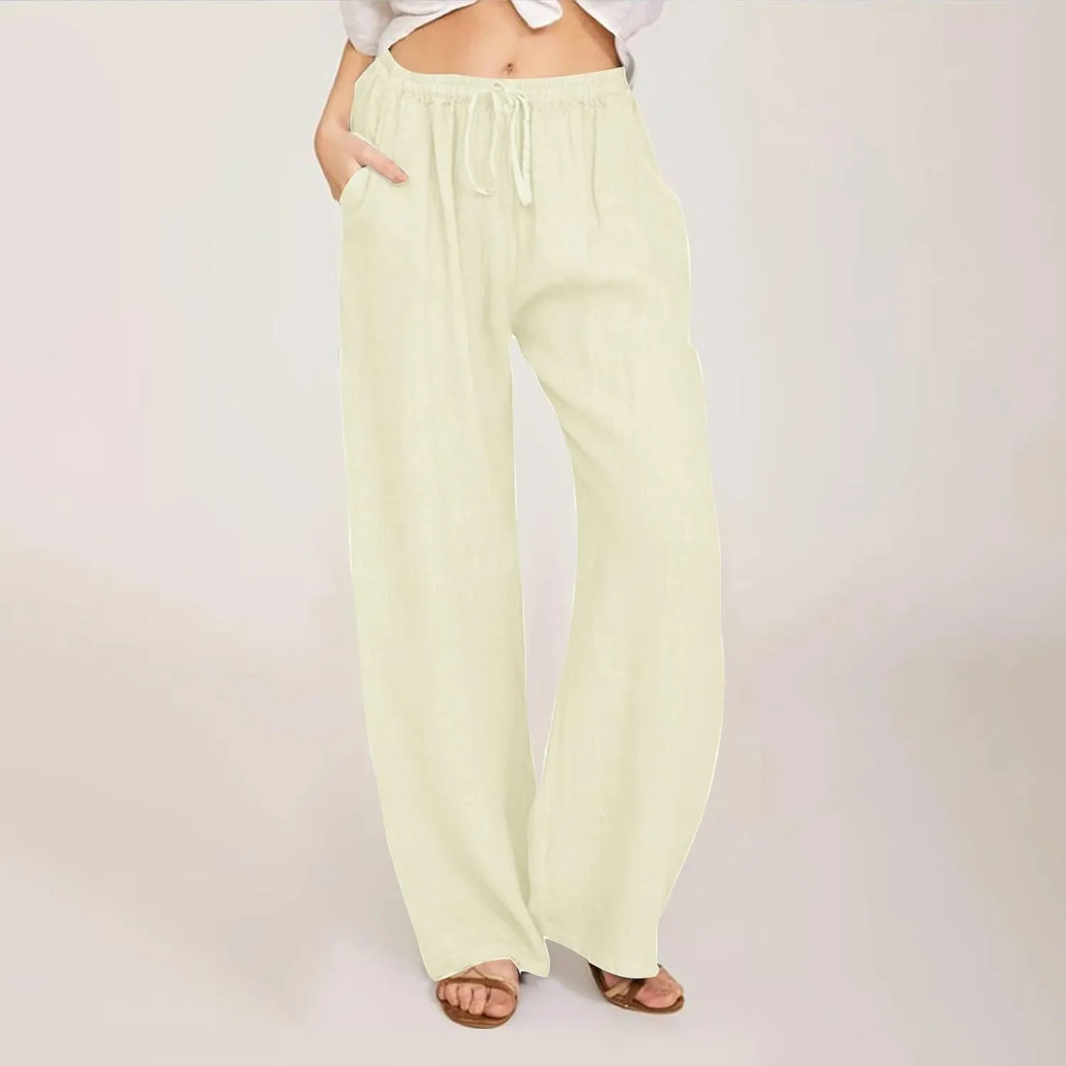 Xiaojmake Women's Summer Cotton Linen Pants Wide Leg Casual Drawstring High Waist Palazzo Pants Loose Trousers with Pocket