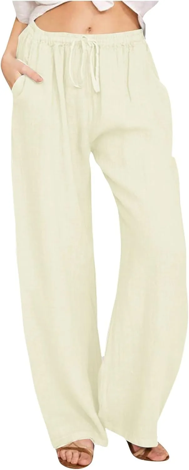 Xiaojmake Women's Summer Cotton Linen Pants Wide Leg Casual Drawstring High Waist Palazzo Pants Loose Trousers with Pocket