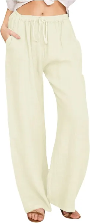 Xiaojmake Women's Summer Cotton Linen Pants Wide Leg Casual Drawstring High Waist Palazzo Pants Loose Trousers with Pocket