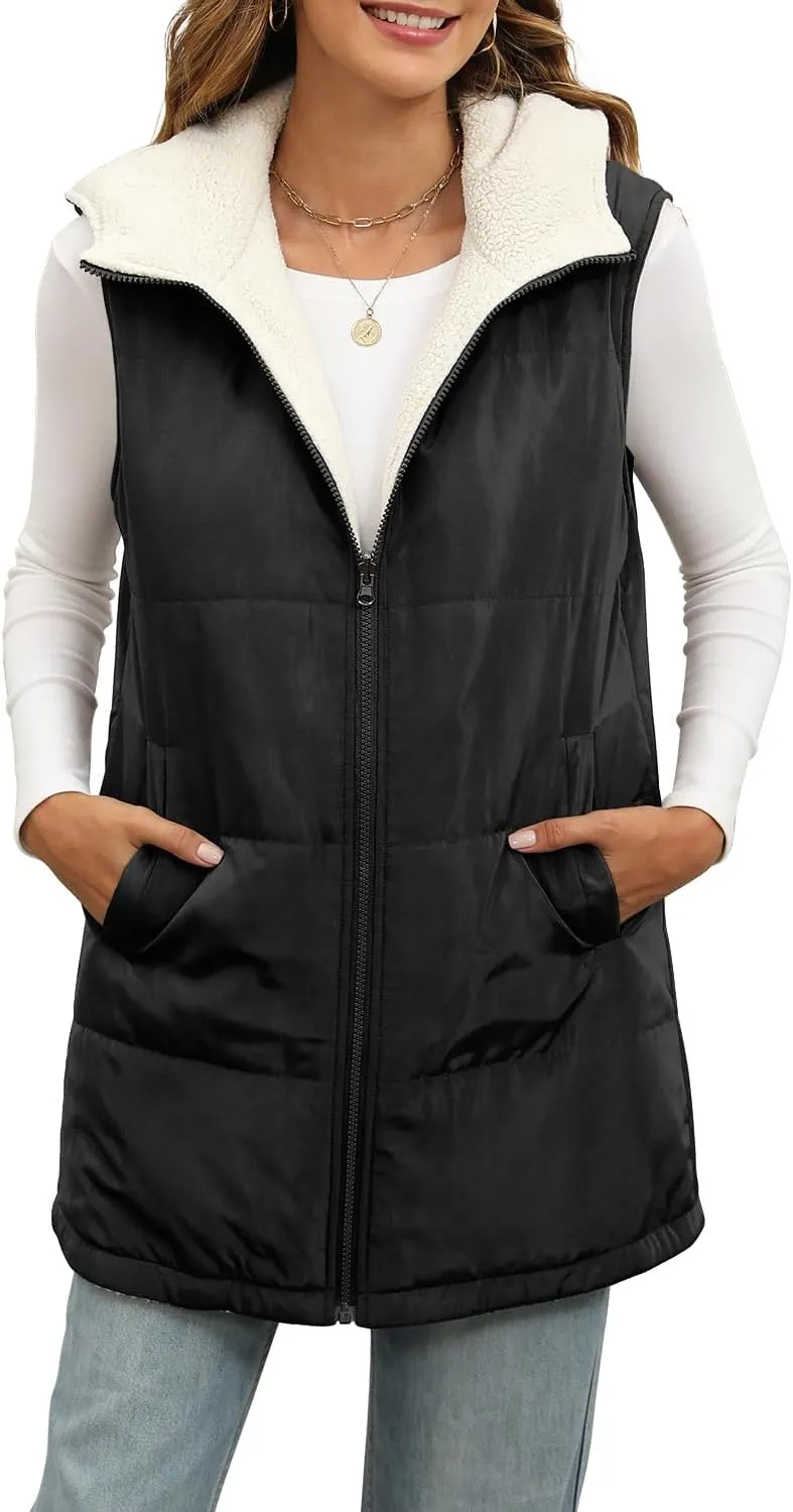 XIEERDUO Long Puffer Vest Women Outerwear Reversible Fleece 2024 Fall Winter Warm Sleeveless Zip Up Hoodie Coat with Pockets