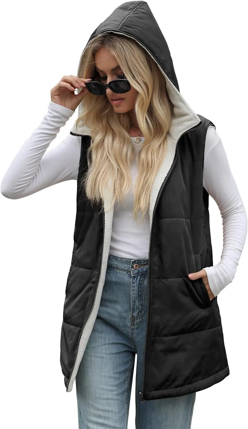 XIEERDUO Long Puffer Vest Women Outerwear Reversible Fleece 2024 Fall Winter Warm Sleeveless Zip Up Hoodie Coat with Pockets