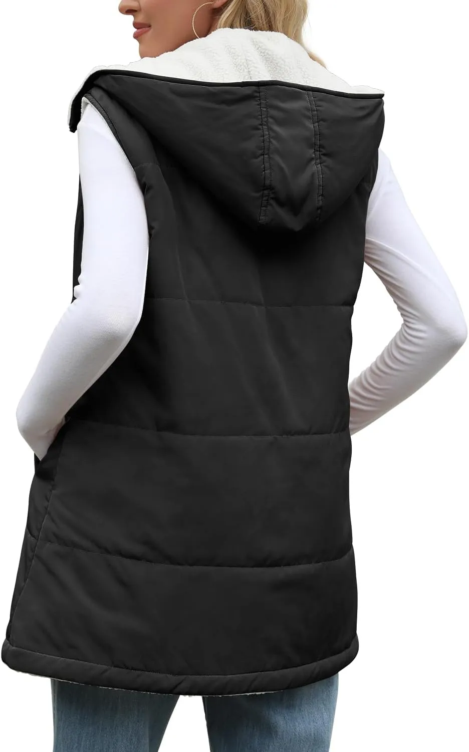 XIEERDUO Long Puffer Vest Women Outerwear Reversible Fleece 2024 Fall Winter Warm Sleeveless Zip Up Hoodie Coat with Pockets