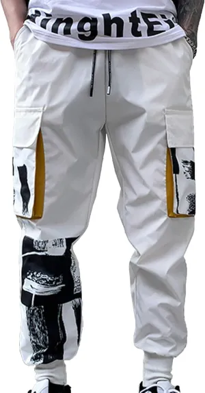 XYXIONGMAO Men's Functional Japanese White Tactical Casual Harem Pants with Pockets Techwear Overalls Streetwear Hip Hop Joggers Sweatpants Cargo Pants for Men(White, L)