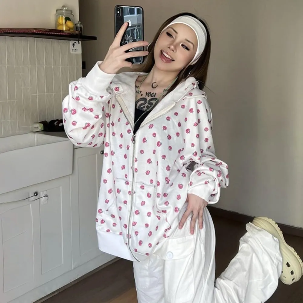 Y2k Zip Up Hoodies for Teen Girls Aesthetic Trendy Oversized Sweatshirt Womens Graphic Print Jackets