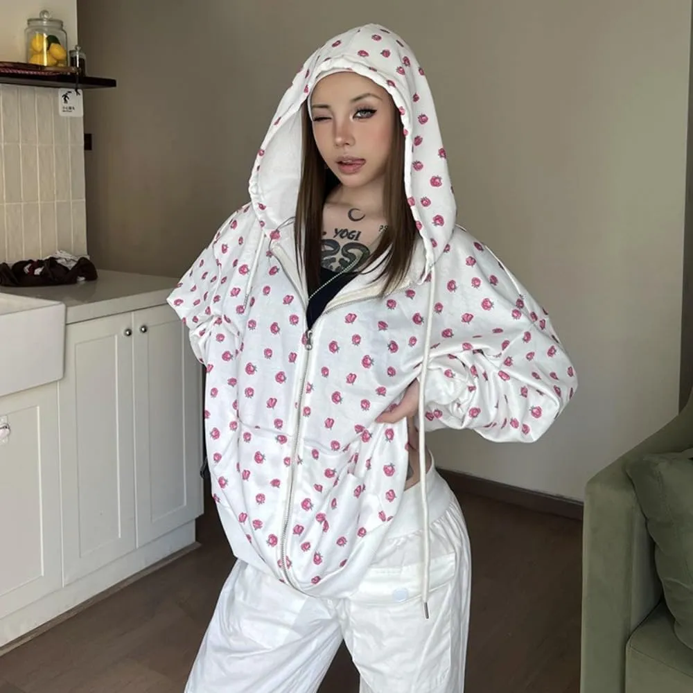 Y2k Zip Up Hoodies for Teen Girls Aesthetic Trendy Oversized Sweatshirt Womens Graphic Print Jackets