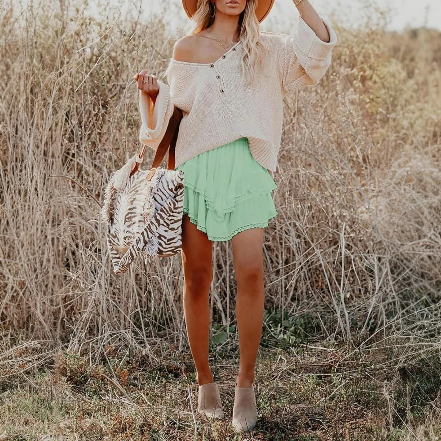 YFJRBR Womens Flowy Shorts High Waist Pleated Skirts Casual Boho Ruffle Tiered Skorts Cute Versatile Fashion