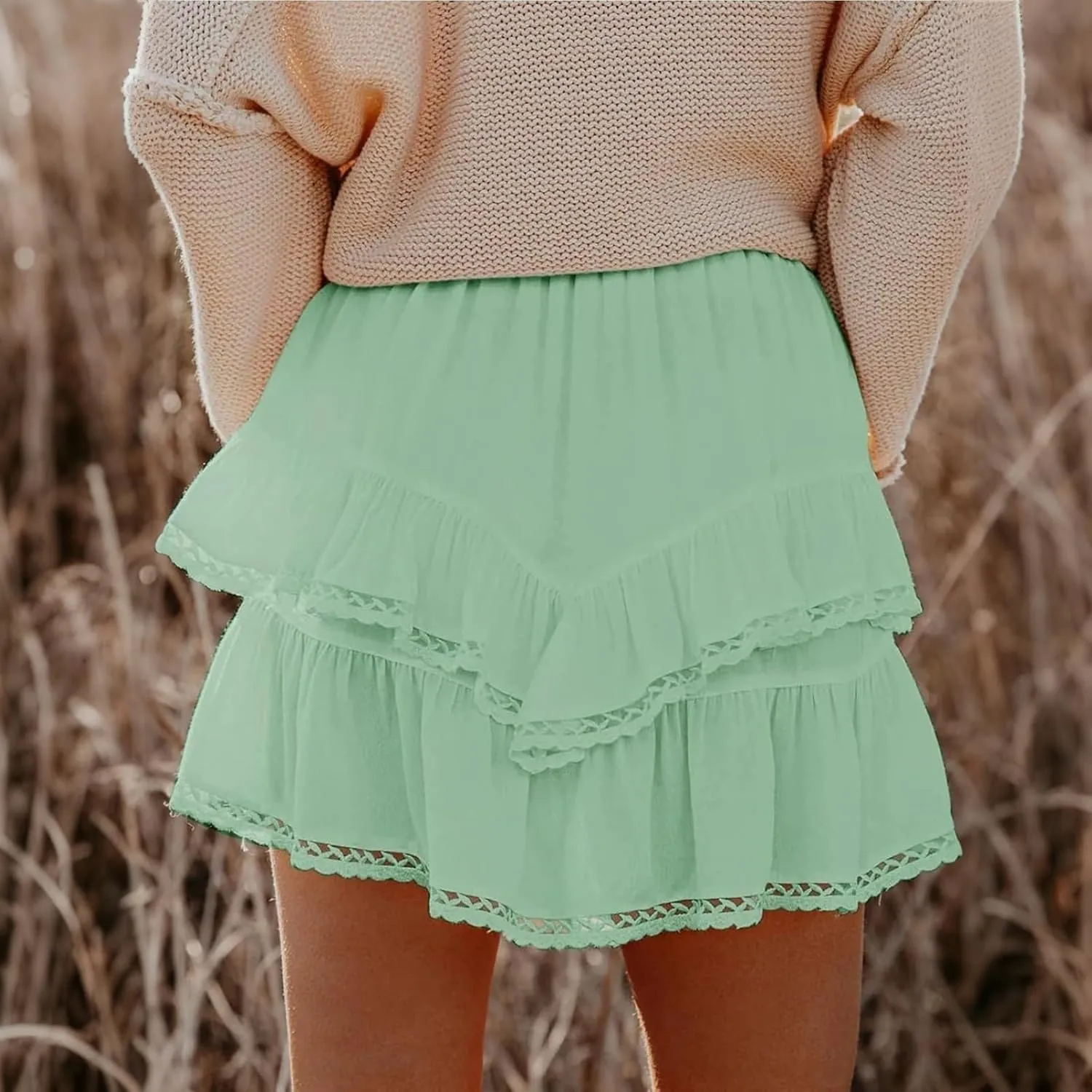 YFJRBR Womens Flowy Shorts High Waist Pleated Skirts Casual Boho Ruffle Tiered Skorts Cute Versatile Fashion