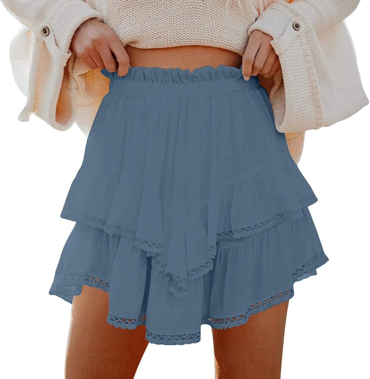 YFJRBR Womens Flowy Shorts High Waist Pleated Skirts Casual Boho Ruffle Tiered Skorts Cute Versatile Fashion