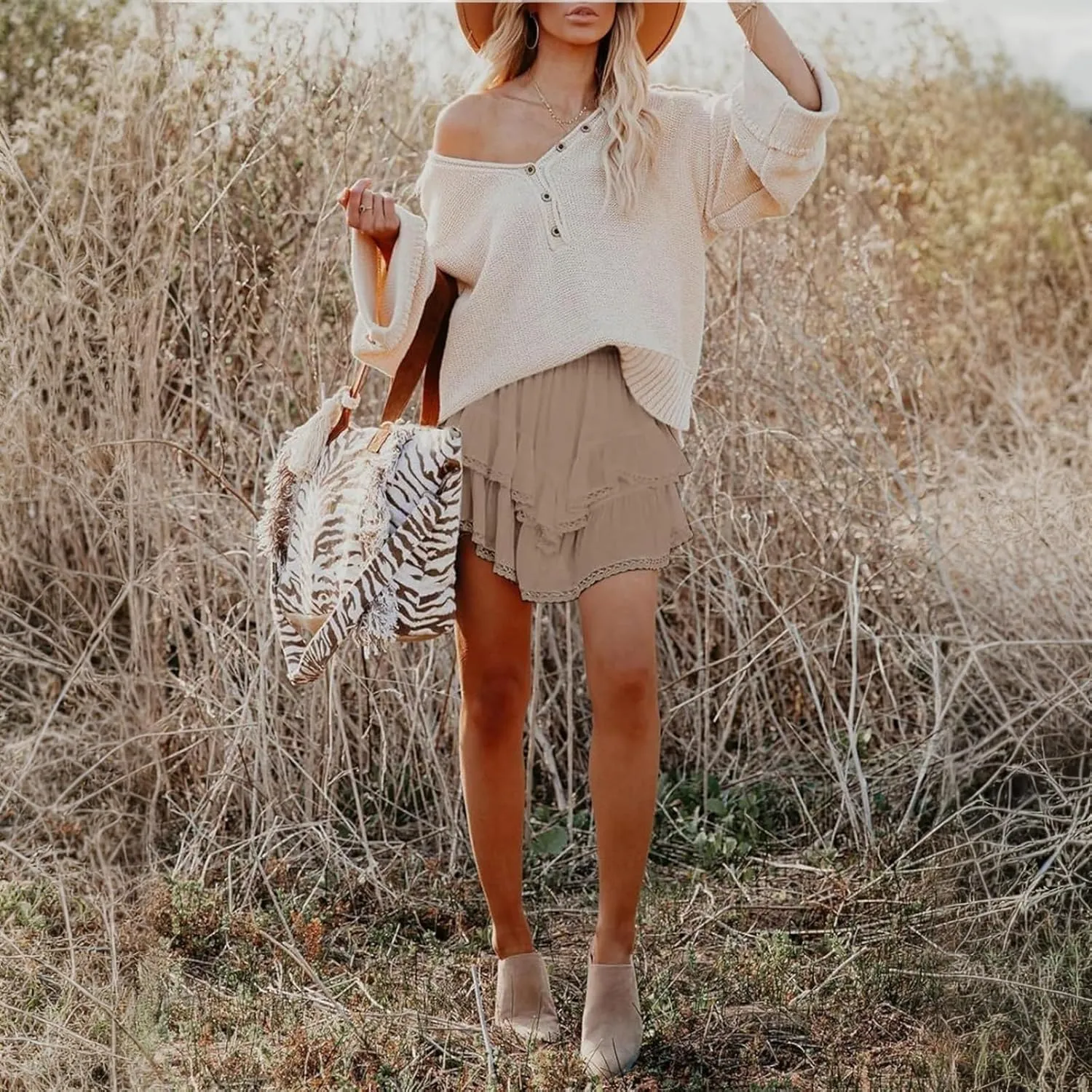 YFJRBR Womens Flowy Shorts High Waist Pleated Skirts Casual Boho Ruffle Tiered Skorts Cute Versatile Fashion