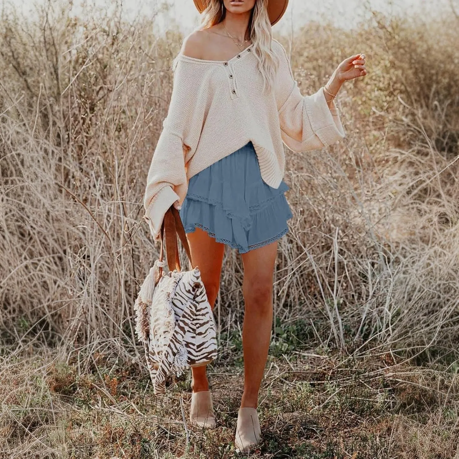 YFJRBR Womens Flowy Shorts High Waist Pleated Skirts Casual Boho Ruffle Tiered Skorts Cute Versatile Fashion