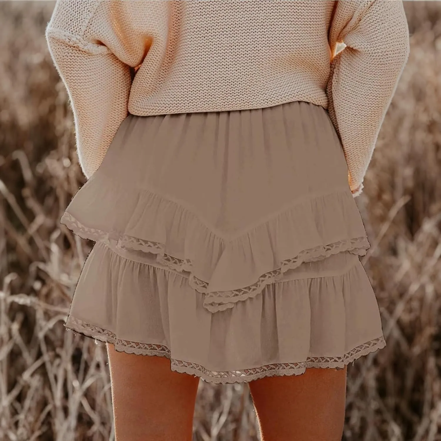 YFJRBR Womens Flowy Shorts High Waist Pleated Skirts Casual Boho Ruffle Tiered Skorts Cute Versatile Fashion
