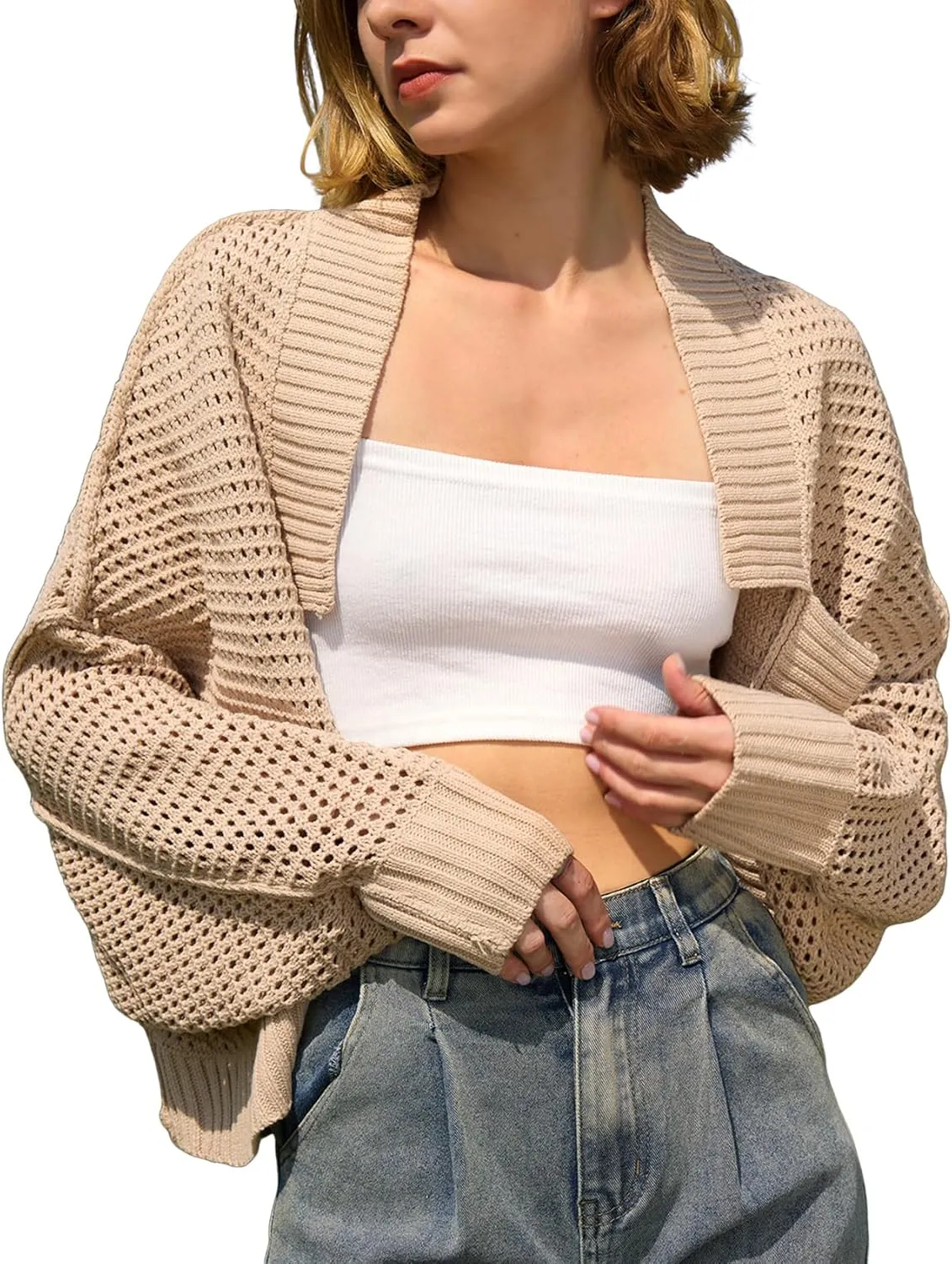 Yimoon Women's Bolero Shrug Sweater Cropped Cardigan Knit Open Front Batwing Long Sleeve Y2k 2025 Spring Streetwear