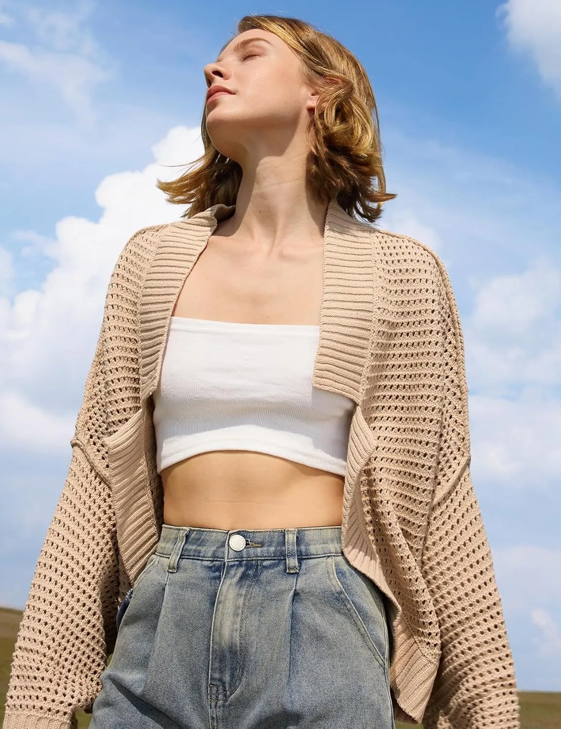 Yimoon Women's Bolero Shrug Sweater Cropped Cardigan Knit Open Front Batwing Long Sleeve Y2k 2025 Spring Streetwear