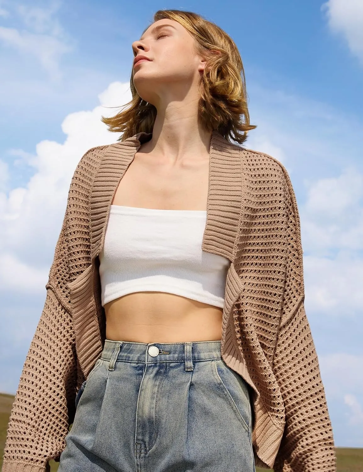 Yimoon Women's Bolero Shrug Sweater Cropped Cardigan Knit Open Front Batwing Long Sleeve Y2k 2025 Spring Streetwear