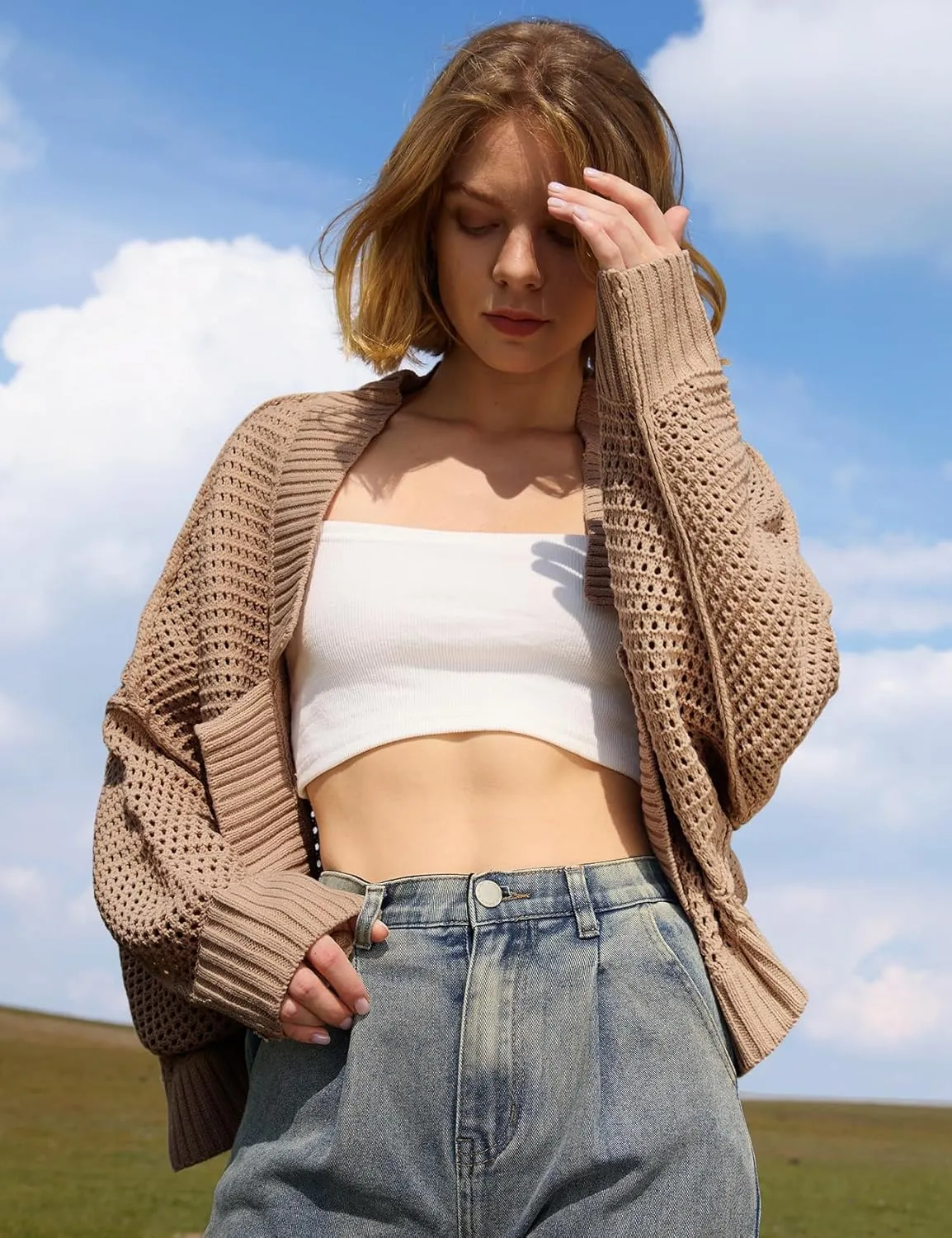 Yimoon Women's Bolero Shrug Sweater Cropped Cardigan Knit Open Front Batwing Long Sleeve Y2k 2025 Spring Streetwear