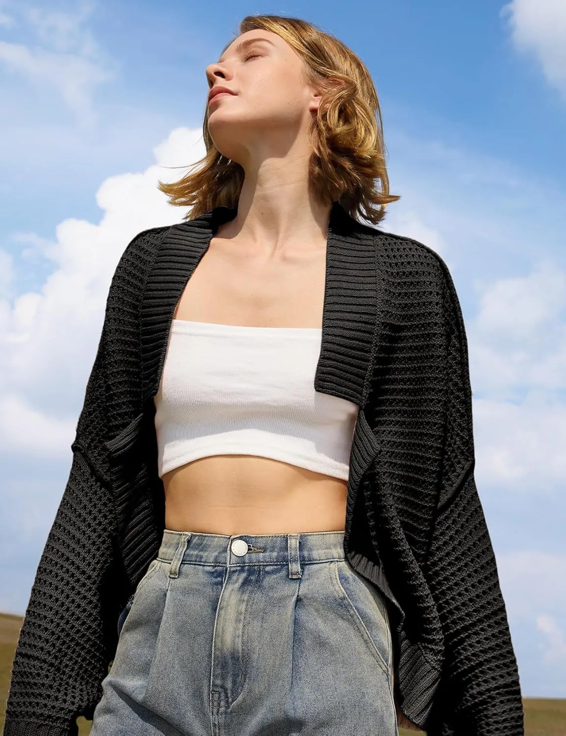 Yimoon Women's Bolero Shrug Sweater Cropped Cardigan Knit Open Front Batwing Long Sleeve Y2k 2025 Spring Streetwear