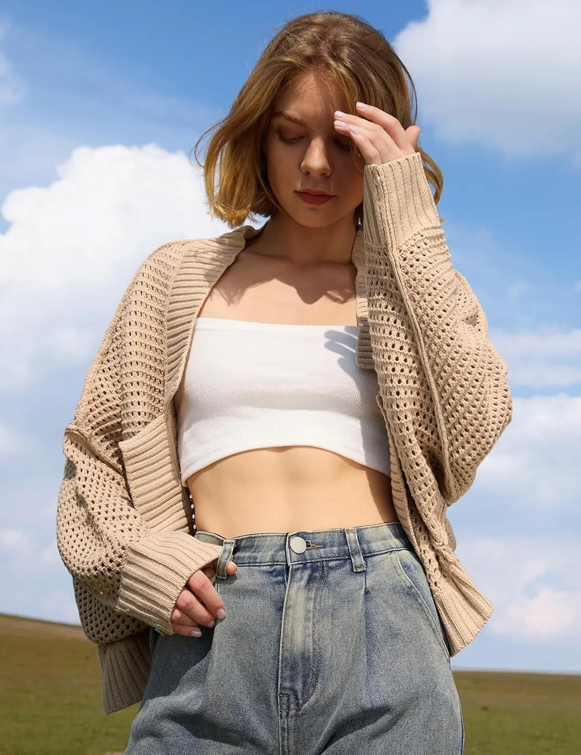 Yimoon Women's Bolero Shrug Sweater Cropped Cardigan Knit Open Front Batwing Long Sleeve Y2k 2025 Spring Streetwear