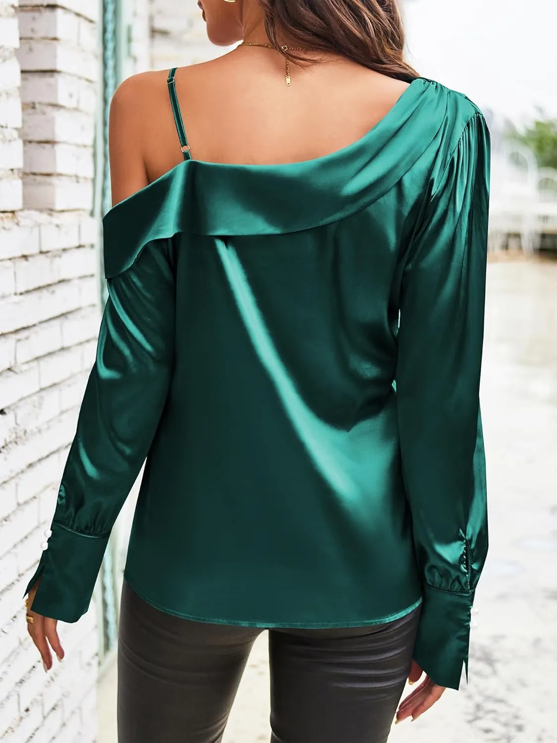 ZAFUL Women's Satin-Silk-Tops Sexy Off The Shoulder Dressy Blouse for Party Casual Long-Sleeve Elegant Shirt