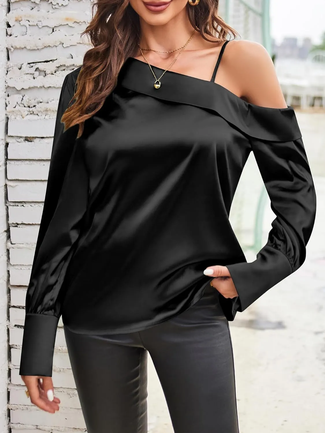 ZAFUL Women's Satin-Silk-Tops Sexy Off The Shoulder Dressy Blouse for Party Casual Long-Sleeve Elegant Shirt