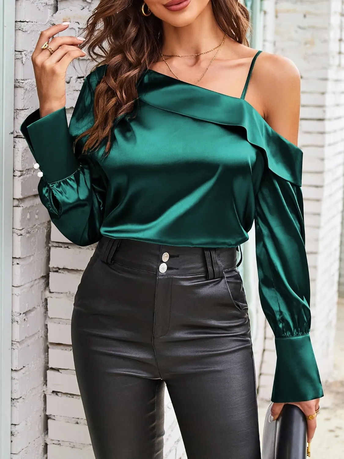 ZAFUL Women's Satin-Silk-Tops Sexy Off The Shoulder Dressy Blouse for Party Casual Long-Sleeve Elegant Shirt