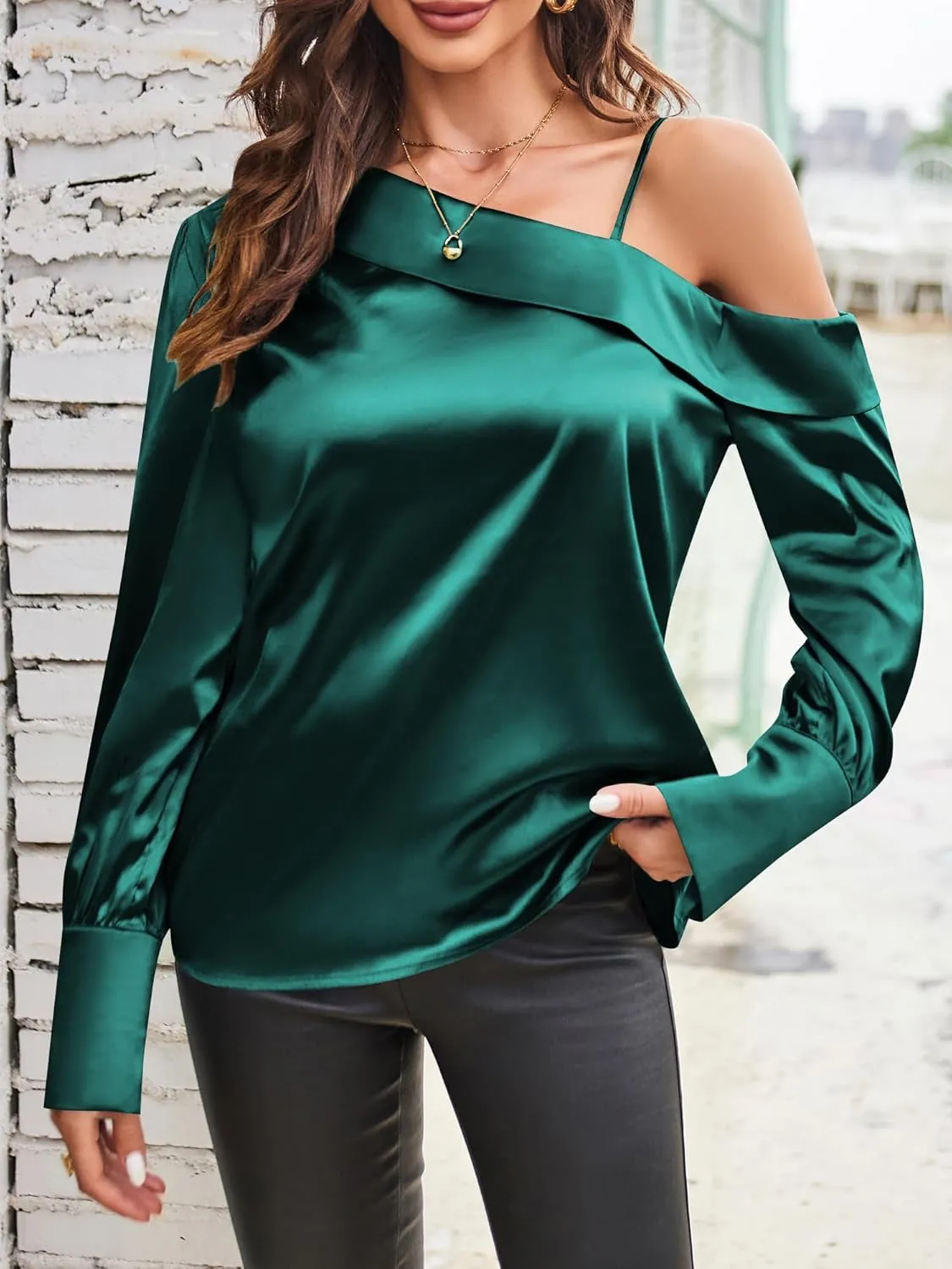 ZAFUL Women's Satin-Silk-Tops Sexy Off The Shoulder Dressy Blouse for Party Casual Long-Sleeve Elegant Shirt